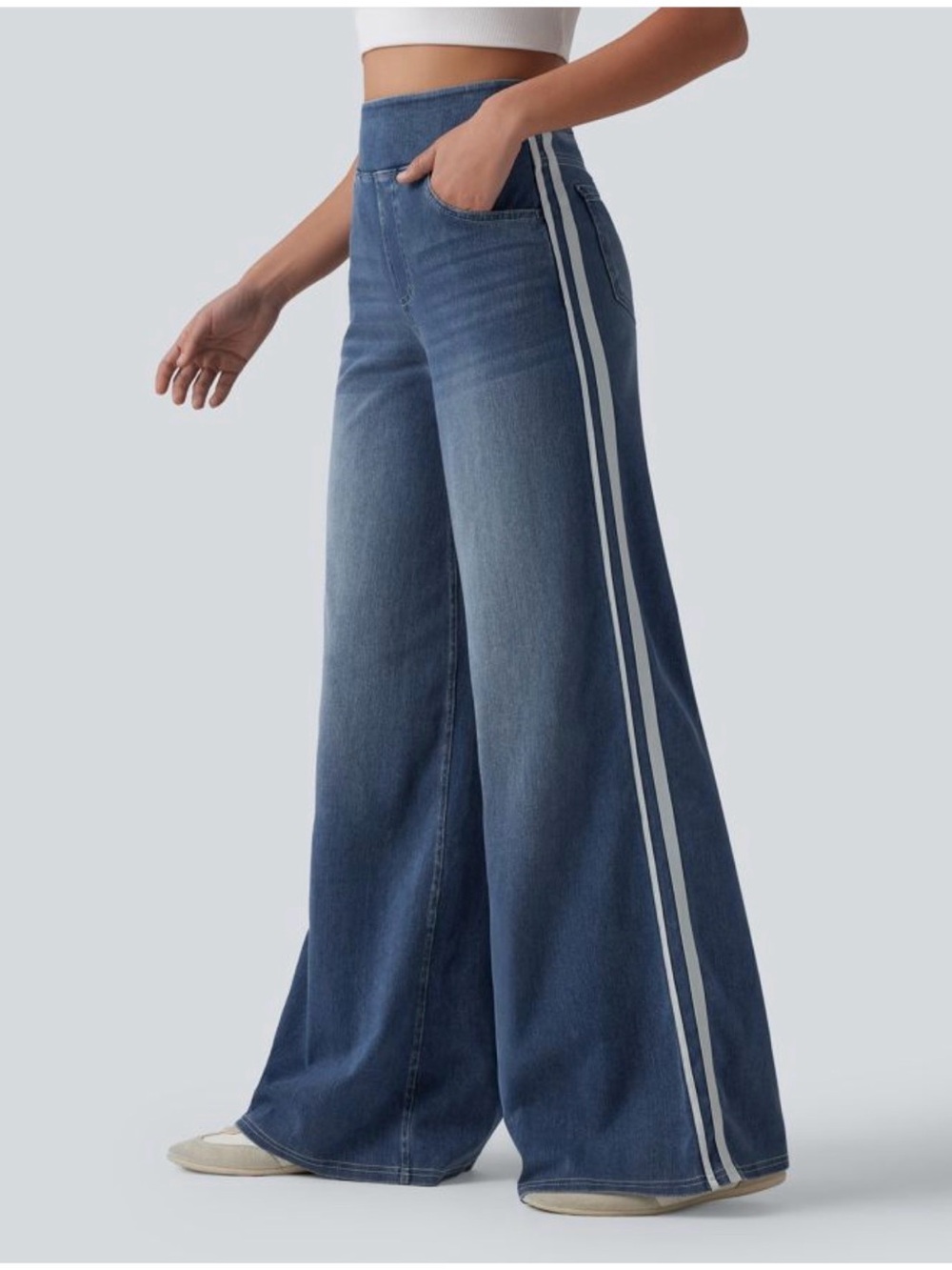 HALARA Flex High Waisted Stripe Wide Leg Blue Jeans Size Small